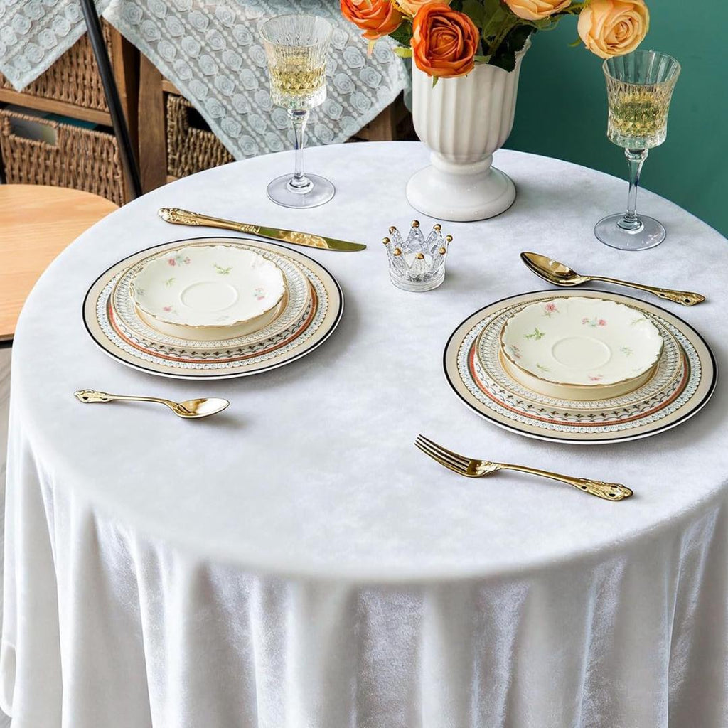Round Luxurious Stretch Velvet Tablecloth - WHITE - Washable Table Cover for Party Wedding Baby Shower Dinning Decoration. Choose size Below
