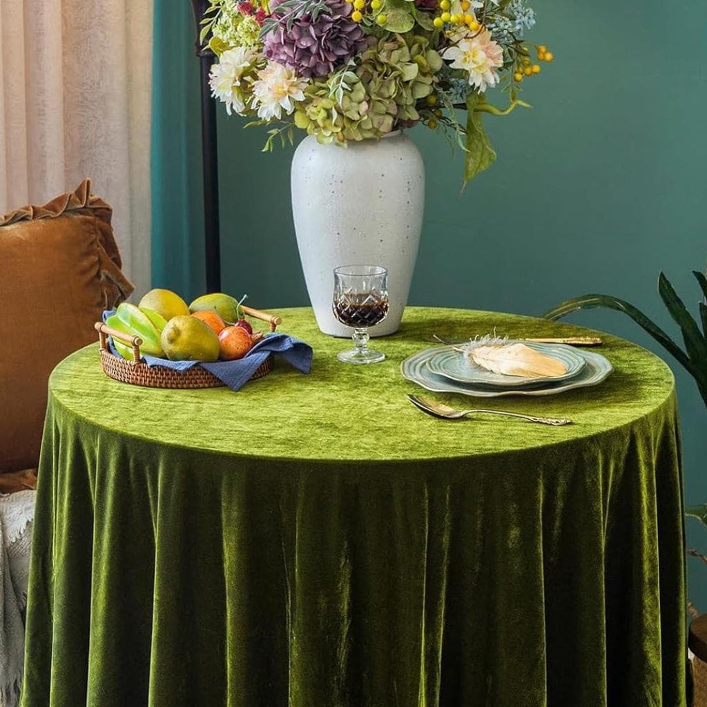 Round Luxurious Stretch Velvet Tablecloth - OLIVE - Washable Table Cover for Party Wedding Baby Shower Dinning Decoration. Choose size Below