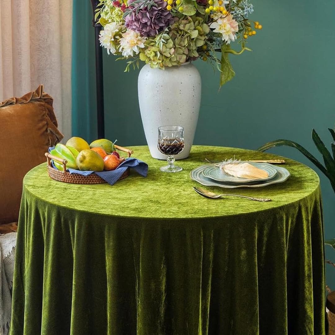 Round Luxurious Stretch Velvet Tablecloth - OLIVE - Washable Table Cover for Party Wedding Baby Shower Dinning Decoration. Choose size Below