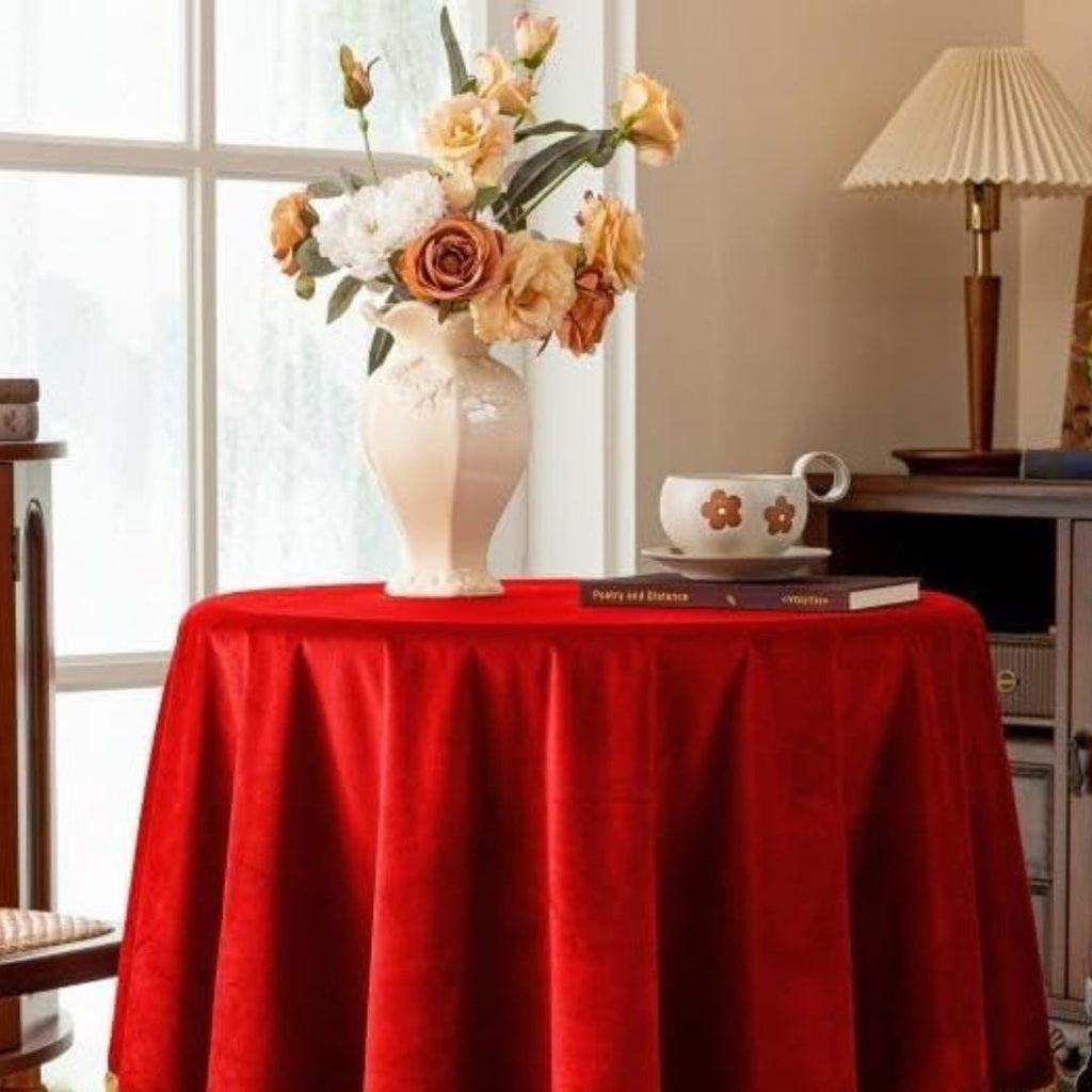 Round Luxurious Stretch Velvet Tablecloth - RED - Washable Table Cover for Party Wedding Baby Shower Dinning Decoration. Choose size Below