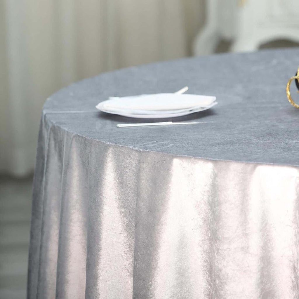 Round Luxurious Royal Velvet Tablecloth - SILVER - Washable Table Cover for Party Wedding Baby Shower Dinning Decoration. Choose size