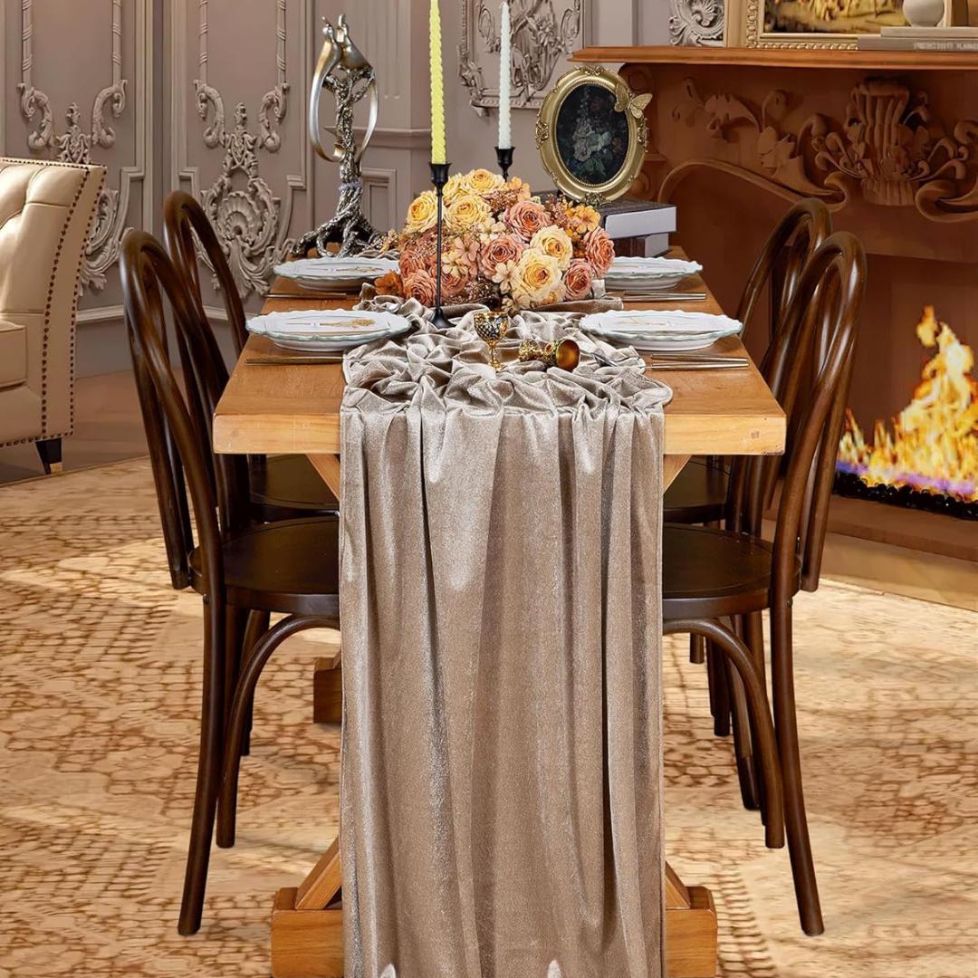 29" x 120" CHAMPAGNE - Luxurious Royal Velvet Table Runner, 10ft Wedding Reception Decorations Soft Velvet Fabric & Wedding Runners