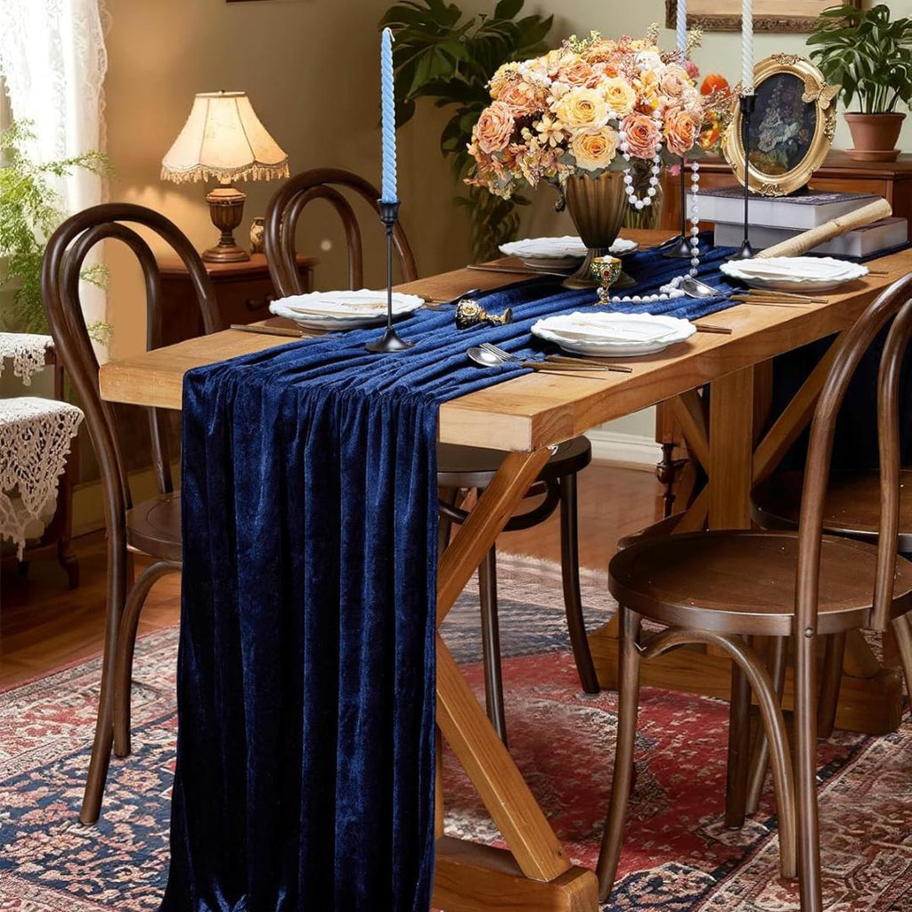 29" x 120" NAVY BLUE - Luxurious Royal Velvet Table Runner, 10ft Wedding Reception Decorations Soft Velvet Fabric & Wedding Runners