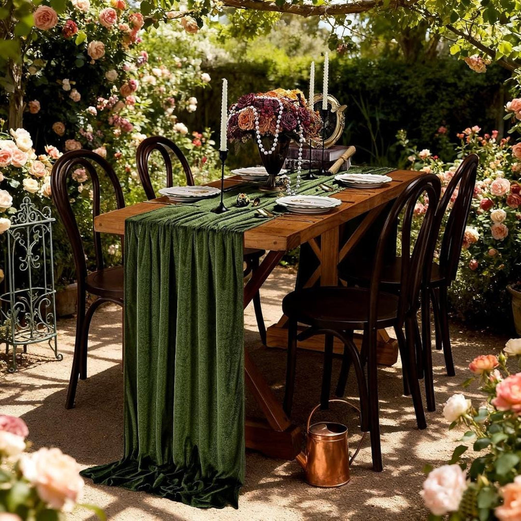 29" x 120" DK OLIVE - Luxurious Royal Velvet Table Runner, 10ft Wedding Reception Decorations Soft Velvet Fabric & Wedding Runners