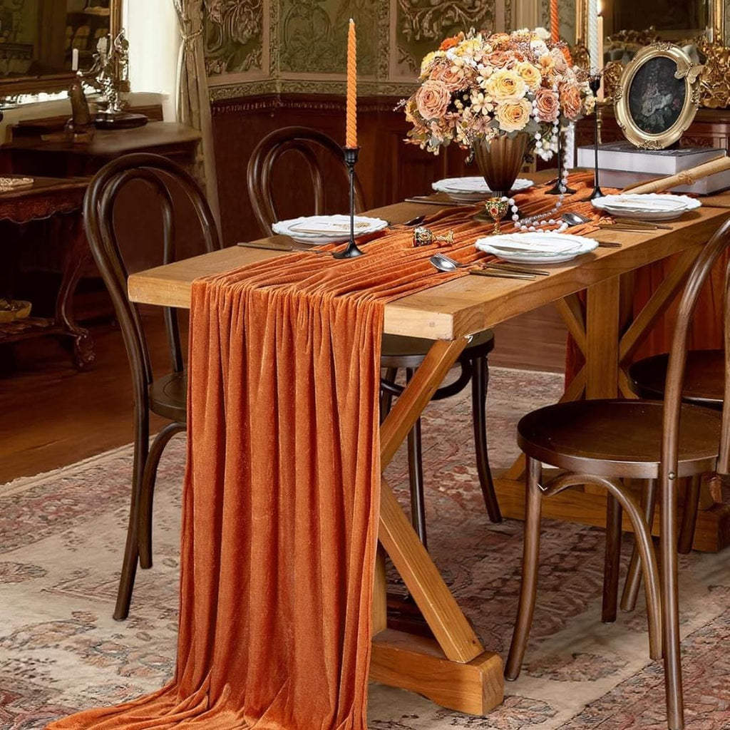 29" x 120" ORANGE - Luxurious Royal Velvet Table Runner, 10ft Wedding Reception Decorations Soft Velvet Fabric & Wedding Runners