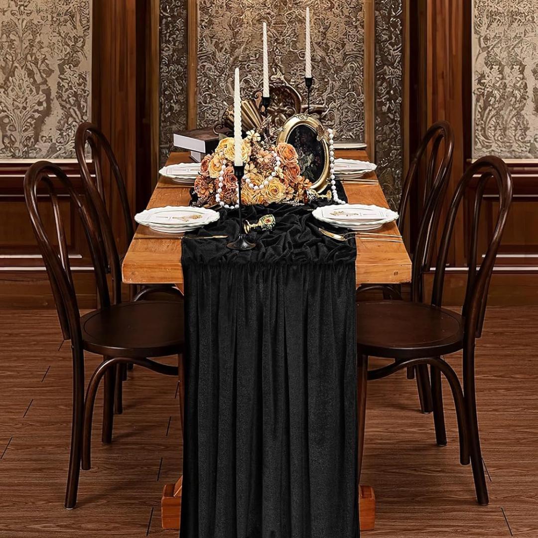 29" x 120" BLACK - Luxurious Royal Velvet Table Runner, 10ft Wedding Reception Decorations Soft Velvet Fabric & Wedding Runners