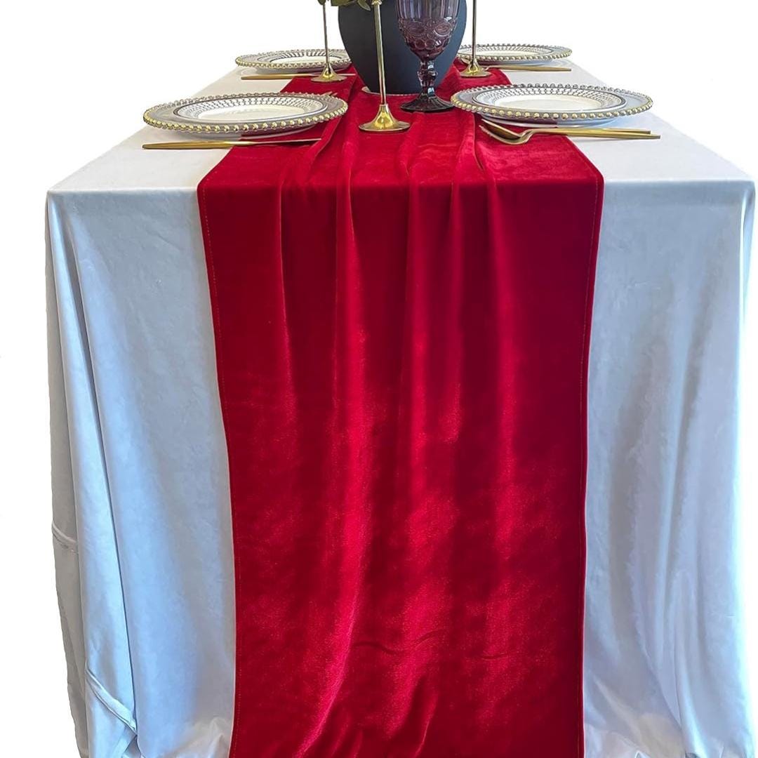 29" x 120" RED - Luxurious Royal Velvet Table Runner, 10ft Wedding Reception Decorations Soft Velvet Fabric & Wedding Runners