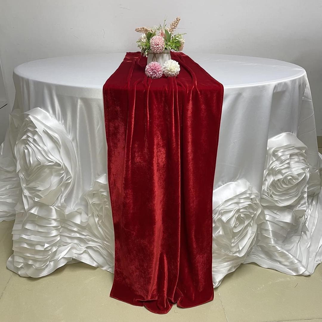 29" x 120" DK RED - Luxurious Royal Velvet Table Runner, 10ft Wedding Reception Decorations Soft Velvet Fabric & Wedding Runners