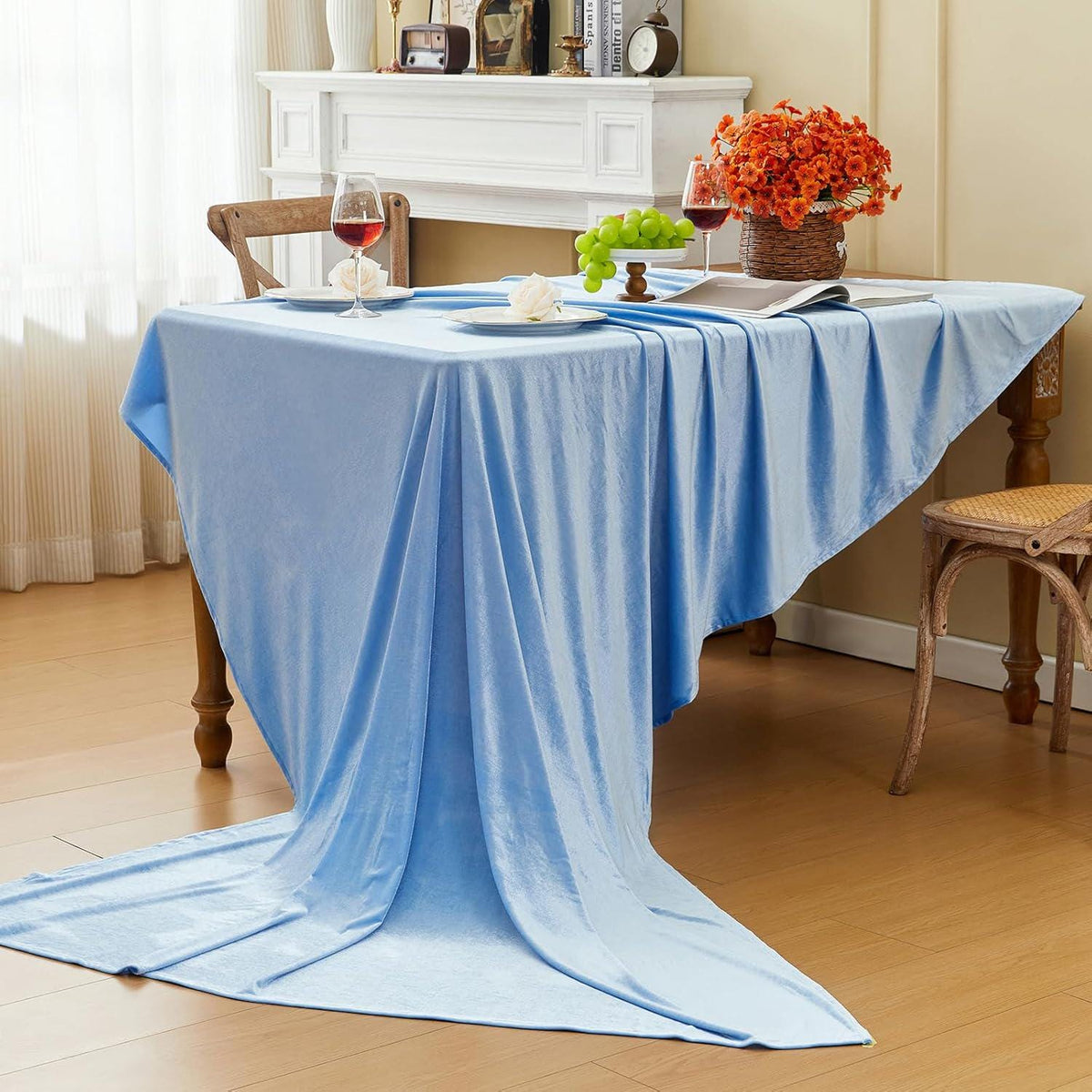 Rectangular Stretch Velvet Tablecloth - LT BLUE - Luxurious Table Cover Beautiful for Weddings Parties, Baby Showers and Events. Choose Size