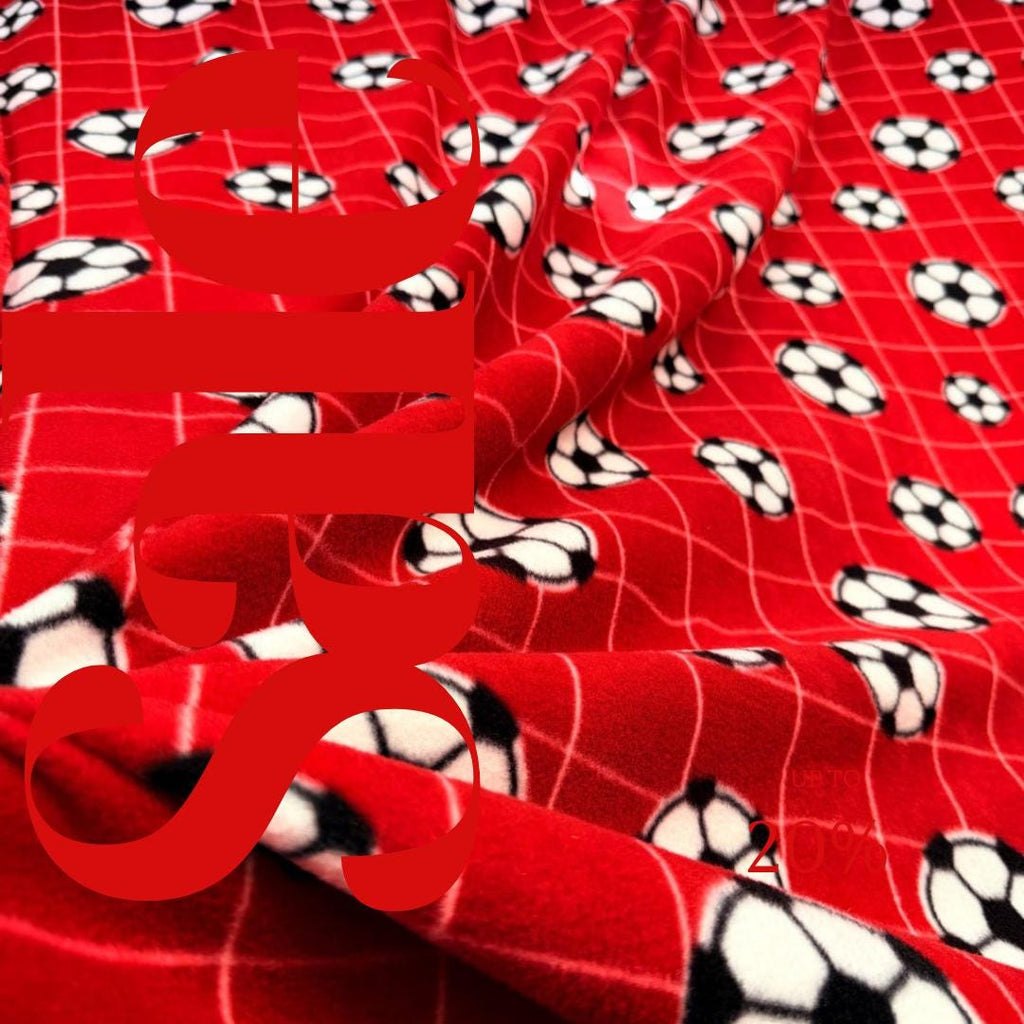 RED - Soccer Print - Anti Pill Theme Fleece Fabric, 60” Inches Wide – Sold By The Yard