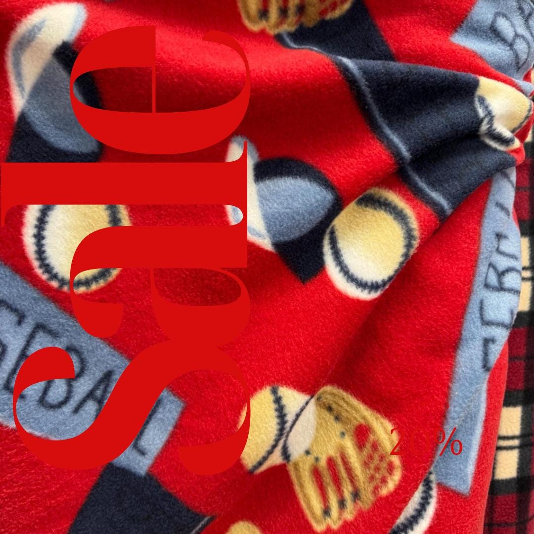 Red Baseball Print - Anti Pill Theme Fleece Fabric, 60” Inches Wide – Sold By The Yard