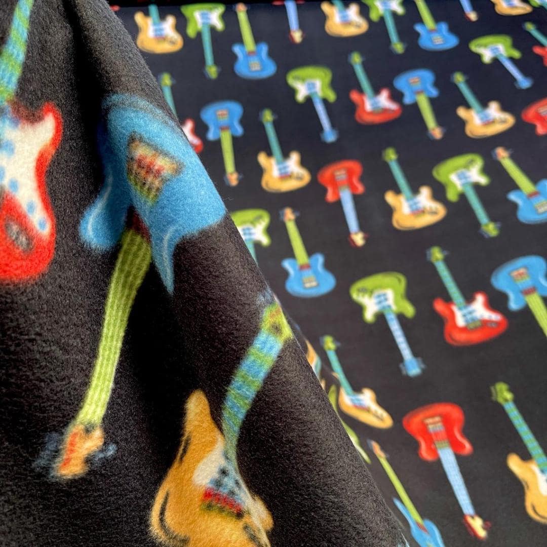 Multicolored Guitar with Black Background - Anti Pill Theme Fleece Fabric, 60” Inches Wide – Sold By The Yard