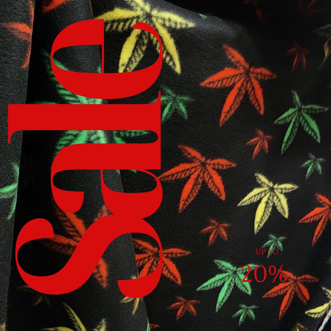 Multi Color Marijuana Leaf Print - Anti Pill Theme Fleece Fabric, 60” Inches Wide – Sold By The Yard Black