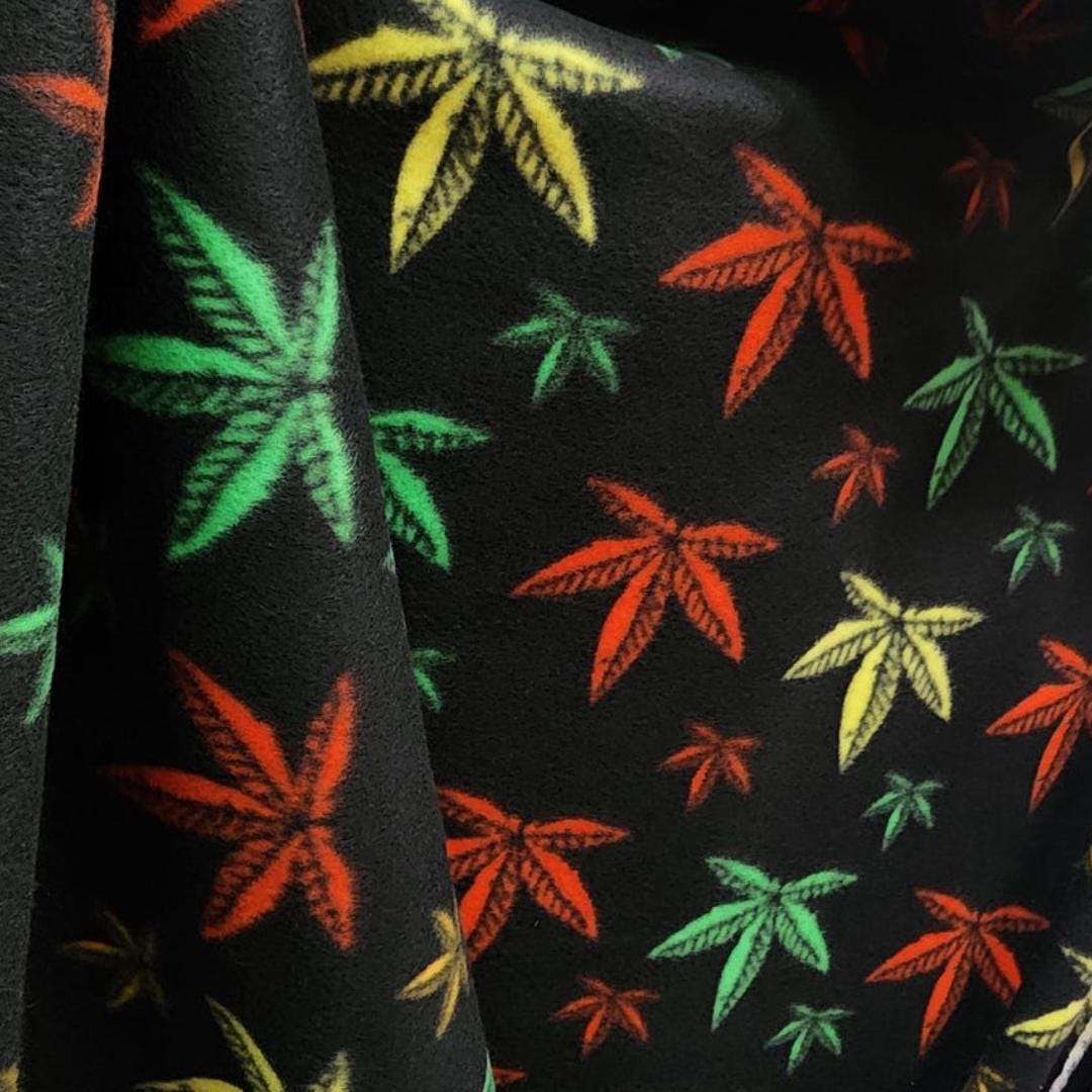 Multi Color Marijuana Leaf Print - Anti Pill Theme Fleece Fabric, 60” Inches Wide – Sold By The Yard Black