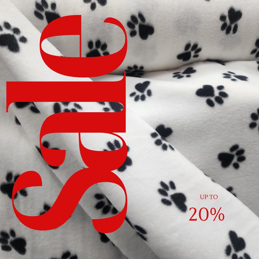 White Fleece Paws Black Print  - Anti Pill Theme Fleece Fabric, 60” Inches Wide – Sold By The Yard