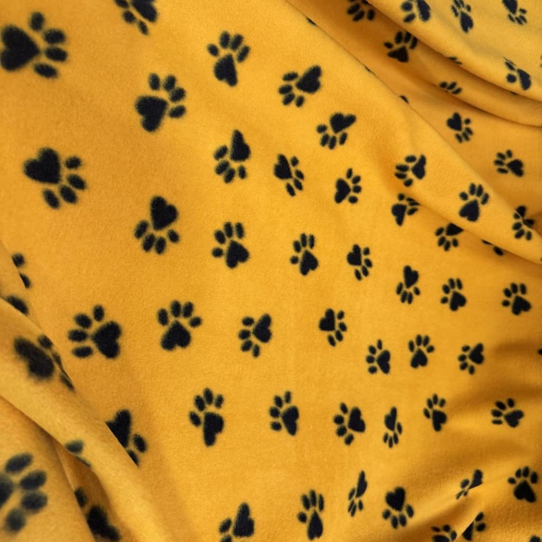 Gold/Yellow Fleece Paws Black Print  - Anti Pill Theme Fleece Fabric, 60” Inches Wide – Sold By The Yard