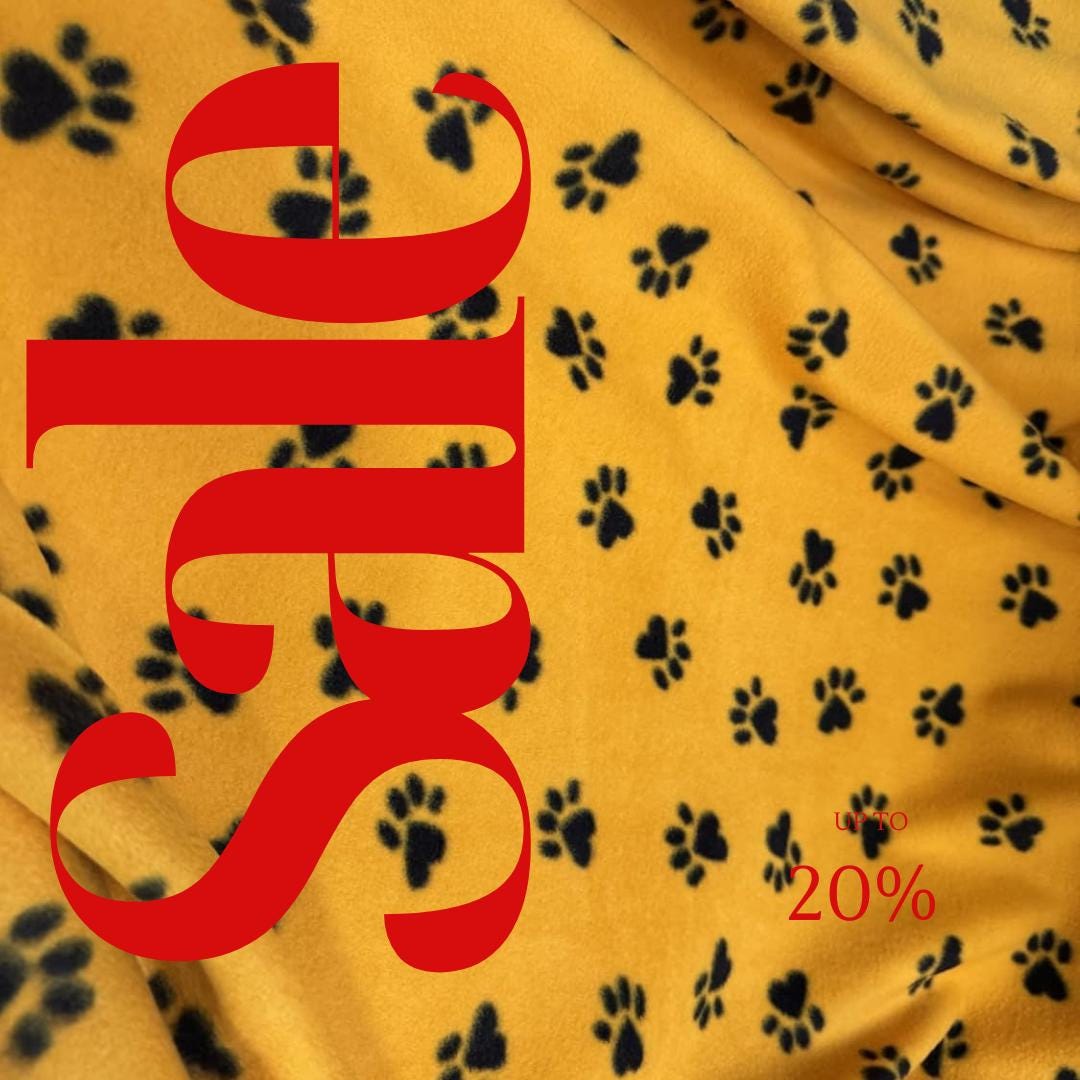 Gold/Yellow Fleece Paws Black Print  - Anti Pill Theme Fleece Fabric, 60” Inches Wide – Sold By The Yard