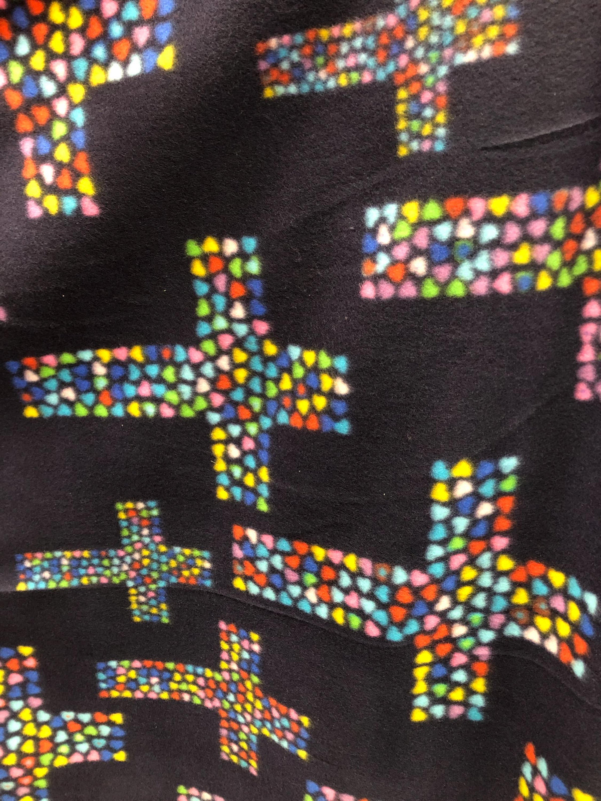 Multicolor Hearts Cross Print - Anti Pill Theme Fleece Fabric, 60” Inches Wide – Sold By The Yard