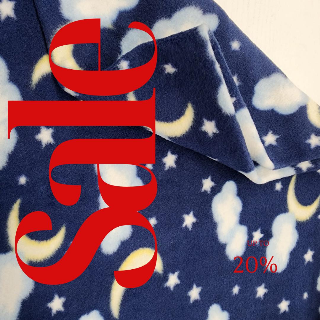Moons, Stars & Clouds Print - Anti Pill Theme Fleece Fabric, 60” Inches Wide – Sold By The Yard