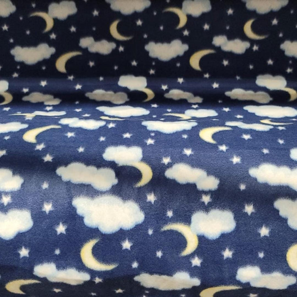 Moons, Stars & Clouds Print - Anti Pill Theme Fleece Fabric, 60” Inches Wide – Sold By The Yard