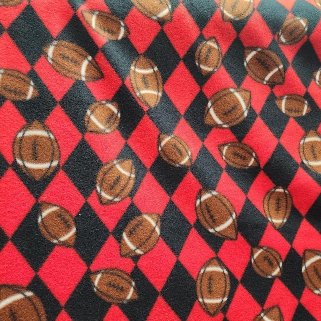 Footballs Checkered Diamonds - Anti Pill Theme Fleece Fabric, 60” Inches Wide – Sold By The Yard. Red/Black