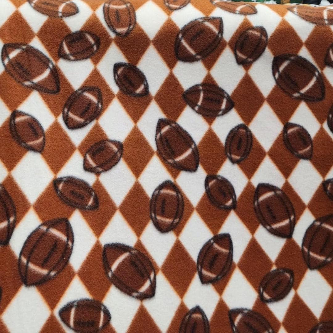 Footballs Checkered Diamonds - Anti Pill Theme Fleece Fabric, 60” Inches Wide – Sold By The Yard. Brown/White
