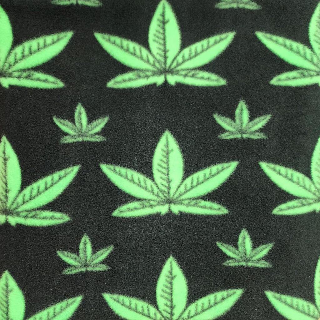 Green Marijuana Leaf Print - Anti Pill Theme Fleece Fabric, 60” Inches Wide – Sold By The Yard Black