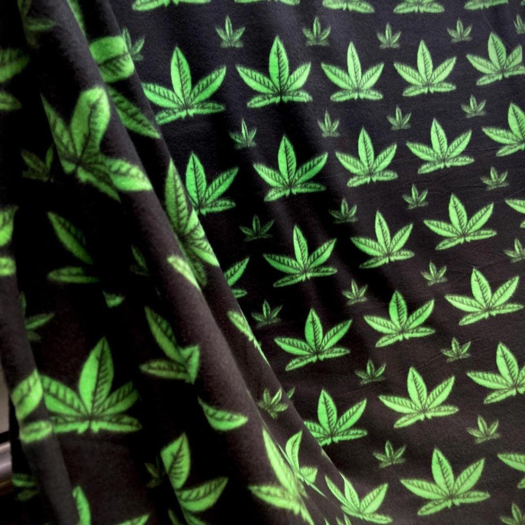 Green Marijuana Leaf Print - Anti Pill Theme Fleece Fabric, 60” Inches Wide – Sold By The Yard Black