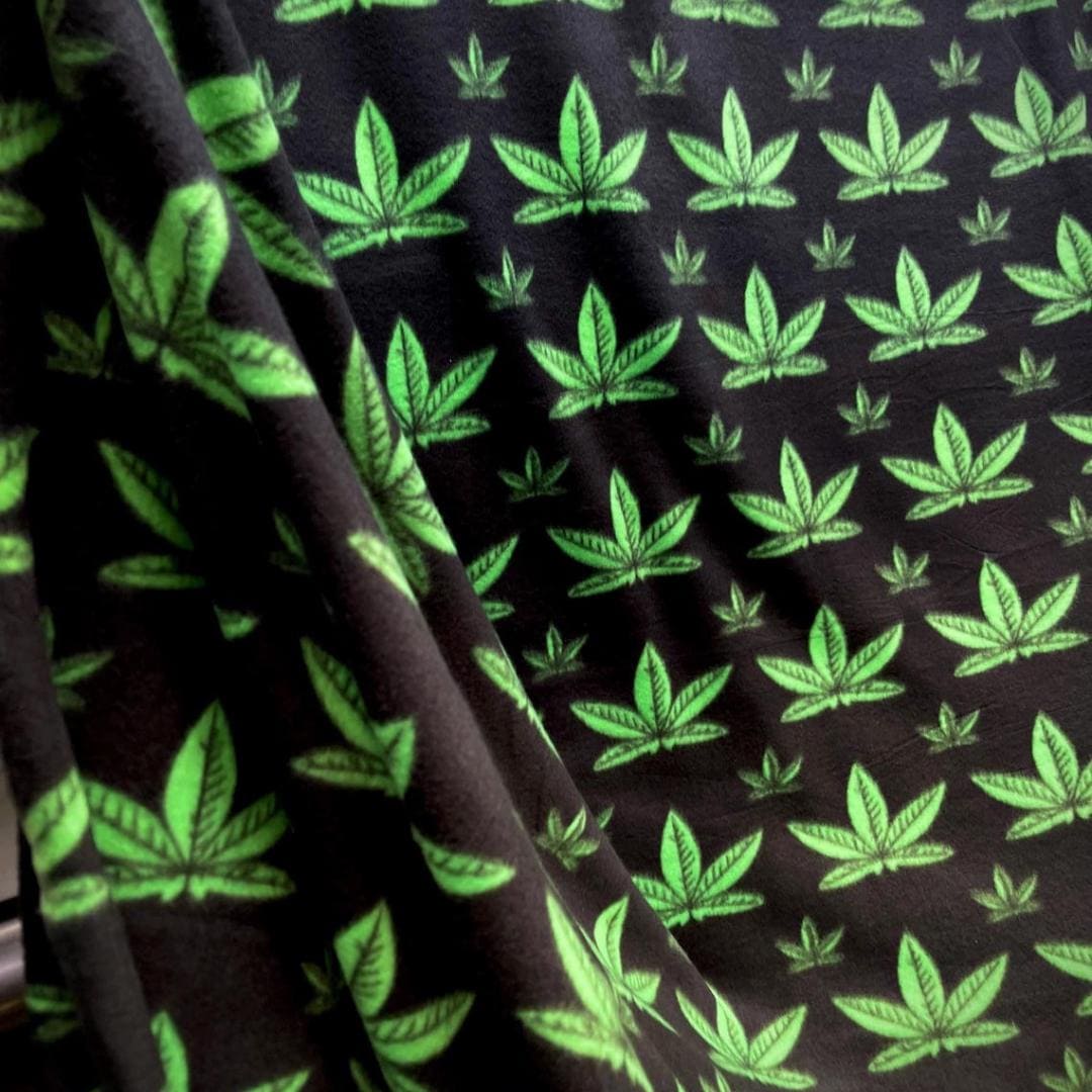 Green Marijuana Leaf Print - Anti Pill Theme Fleece Fabric, 60” Inches Wide – Sold By The Yard Black