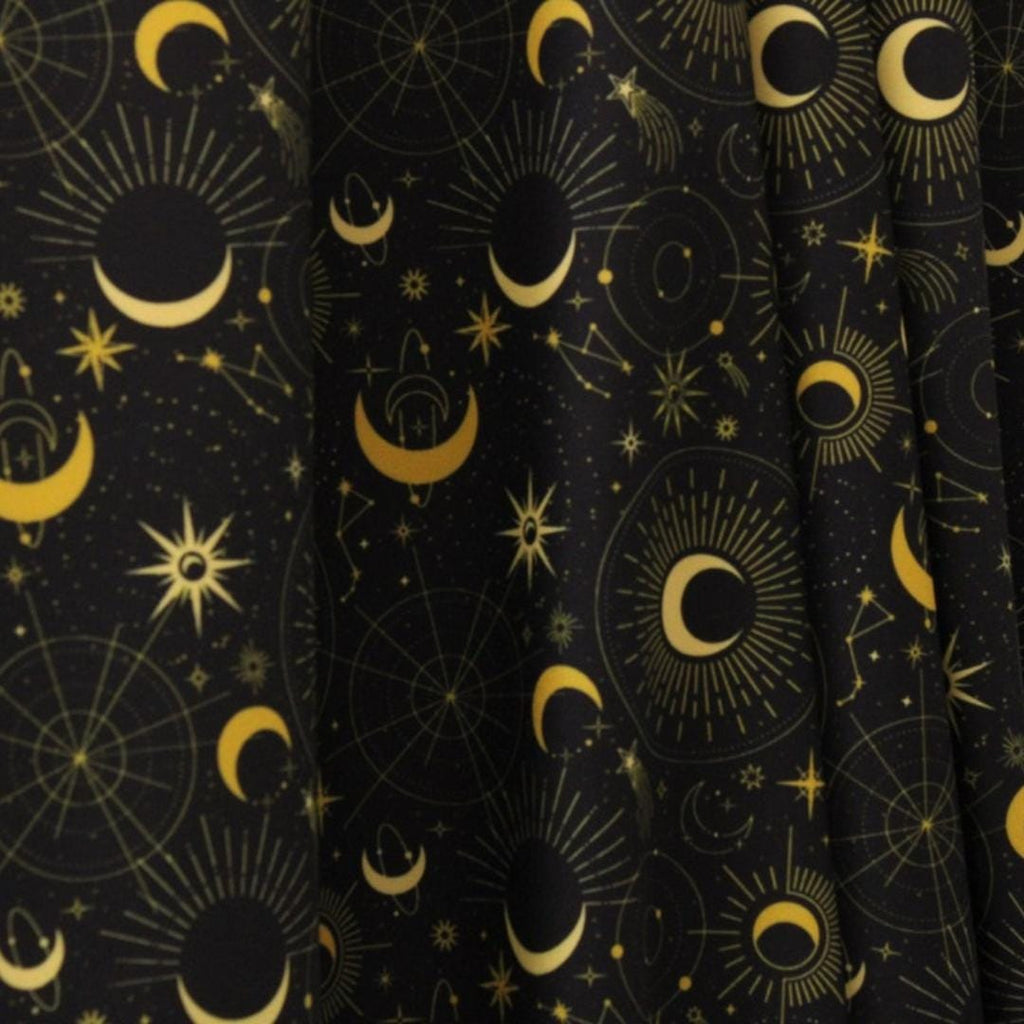 Midnight Sky - Black and Gold - 4 Way Stretch Fabric By The Yard - 60" Wide Spandex Fabric - Thick and Heavy Spandex Fabric