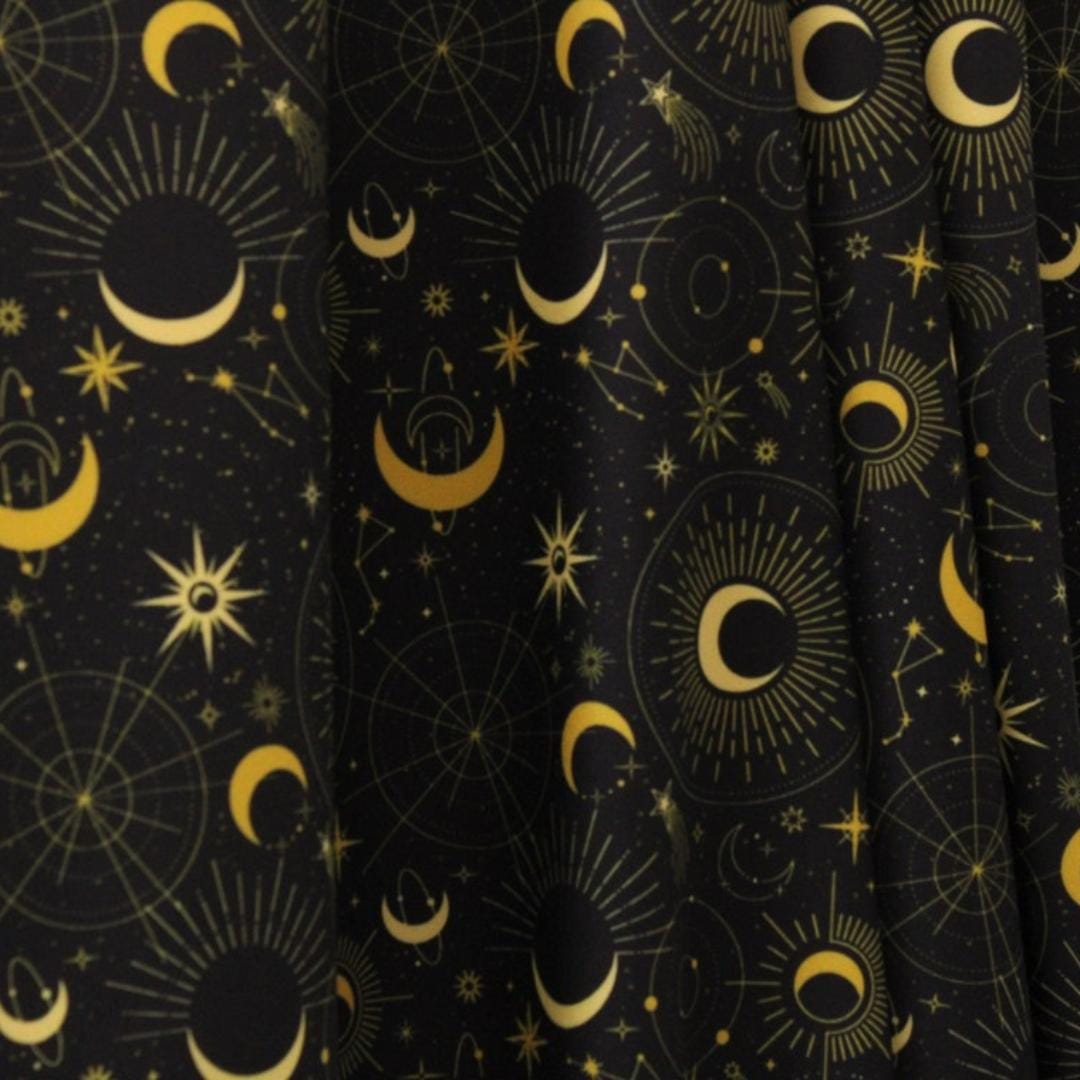 Midnight Sky - Black and Gold - 4 Way Stretch Fabric By The Yard - 60" Wide Spandex Fabric - Thick and Heavy Spandex Fabric