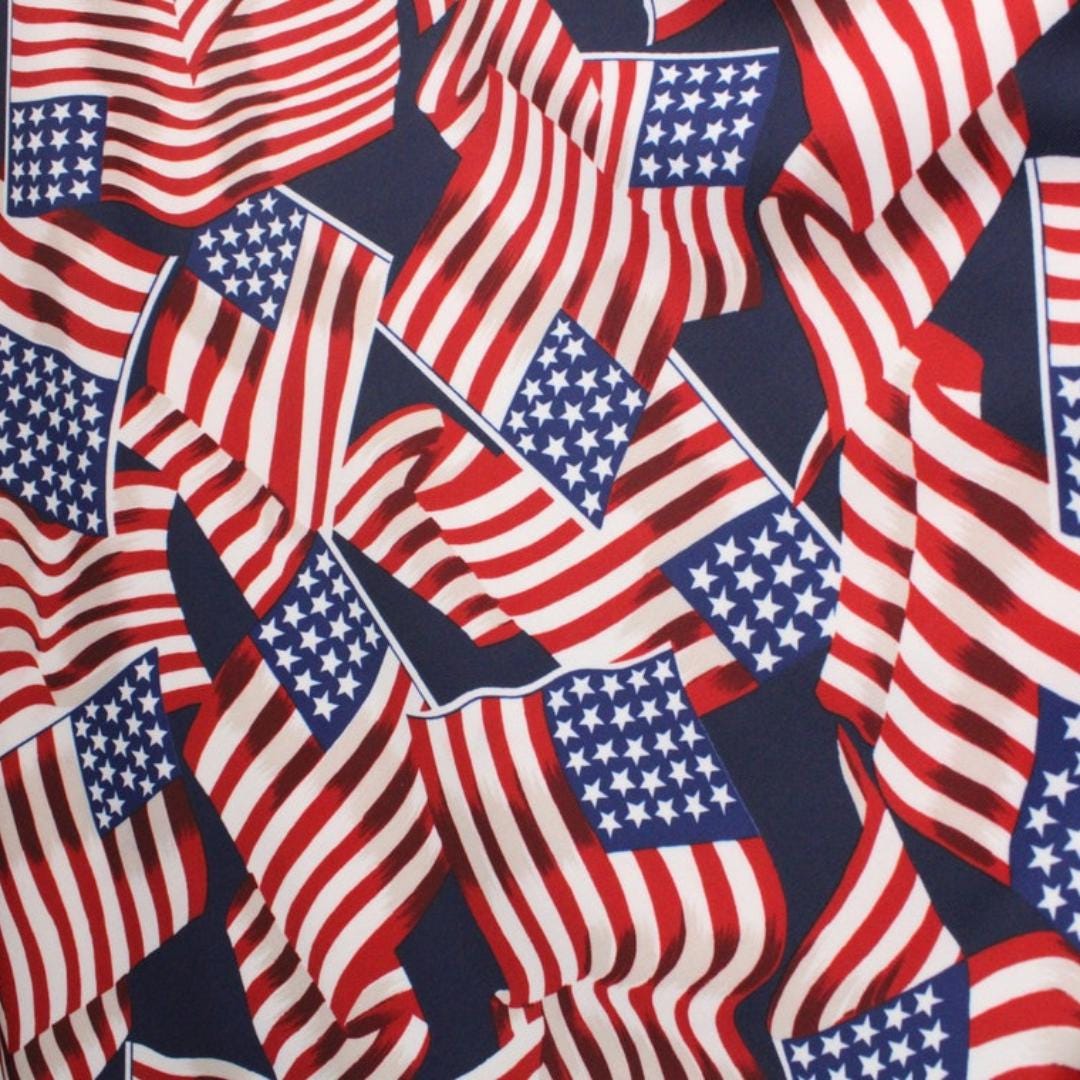 American Flags Navy Background - 4 Way Stretch Fabric By The Yard - 60" Wide Spandex Fabric - Thick and Heavy Spandex Fabric