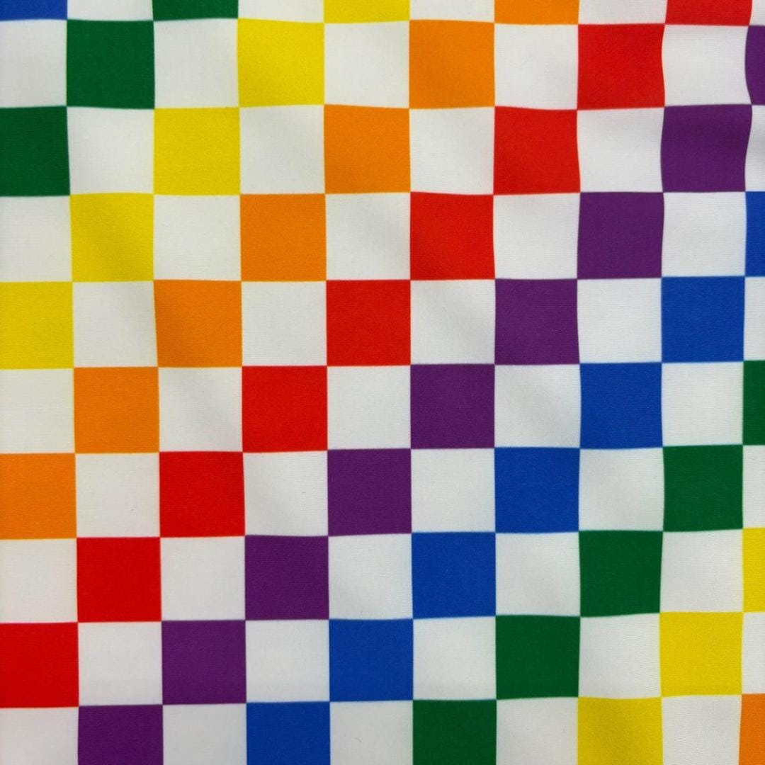 Rainbow Checkers White - 4 Way Stretch Fabric By The Yard - 60" Wide Spandex Fabric - Thick and Heavy Spandex Fabric