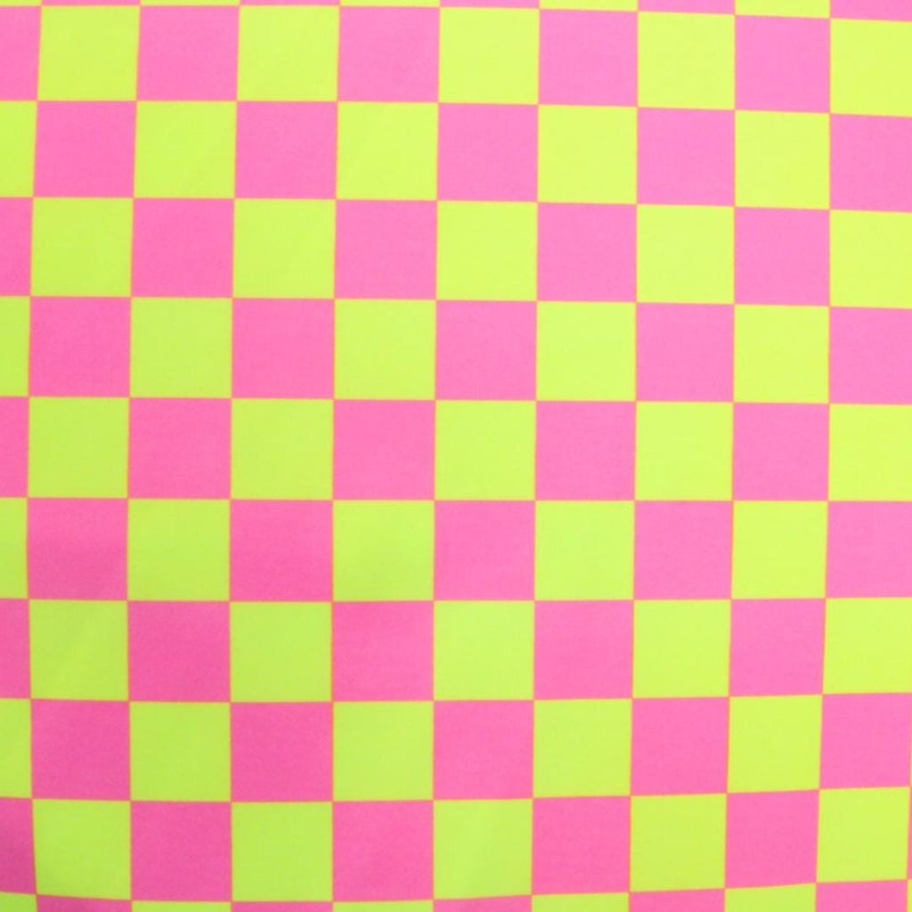 Neon Checkers Yellow/Pink - 4 Way Stretch Fabric By The Yard - 60" Wide Spandex Fabric - Thick and Heavy Spandex Fabric