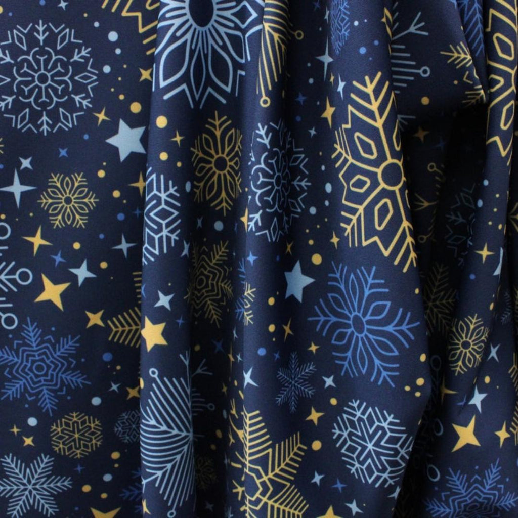 Blue and Gold Snowflakes - 4 Way Stretch Fabric By The Yard - 60" Wide Spandex Fabric - Thick and Heavy Spandex Fabric