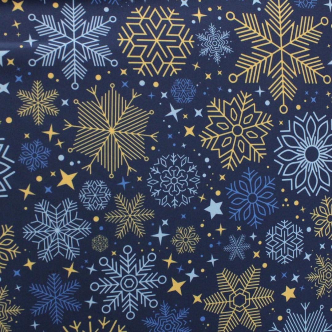Blue and Gold Snowflakes - 4 Way Stretch Fabric By The Yard - 60" Wide Spandex Fabric - Thick and Heavy Spandex Fabric