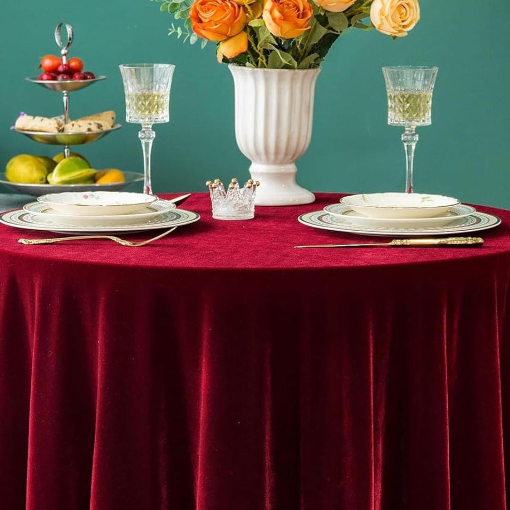 Round Luxurious Stretch Velvet Tablecloth - DK RED - Washable Table Cover for Party Wedding Baby Shower Dinning Decoration. Choose size