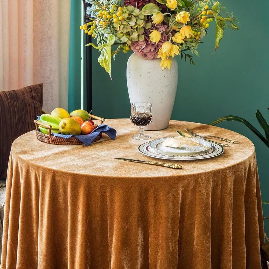Round Luxurious Stretch Velvet Tablecloth - GOLD - Washable Table Cover for Party Wedding Baby Shower Dinning Decoration. Choose size Below