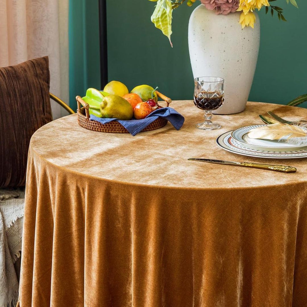 Round Luxurious Stretch Velvet Tablecloth - GOLD - Washable Table Cover for Party Wedding Baby Shower Dinning Decoration. Choose size Below