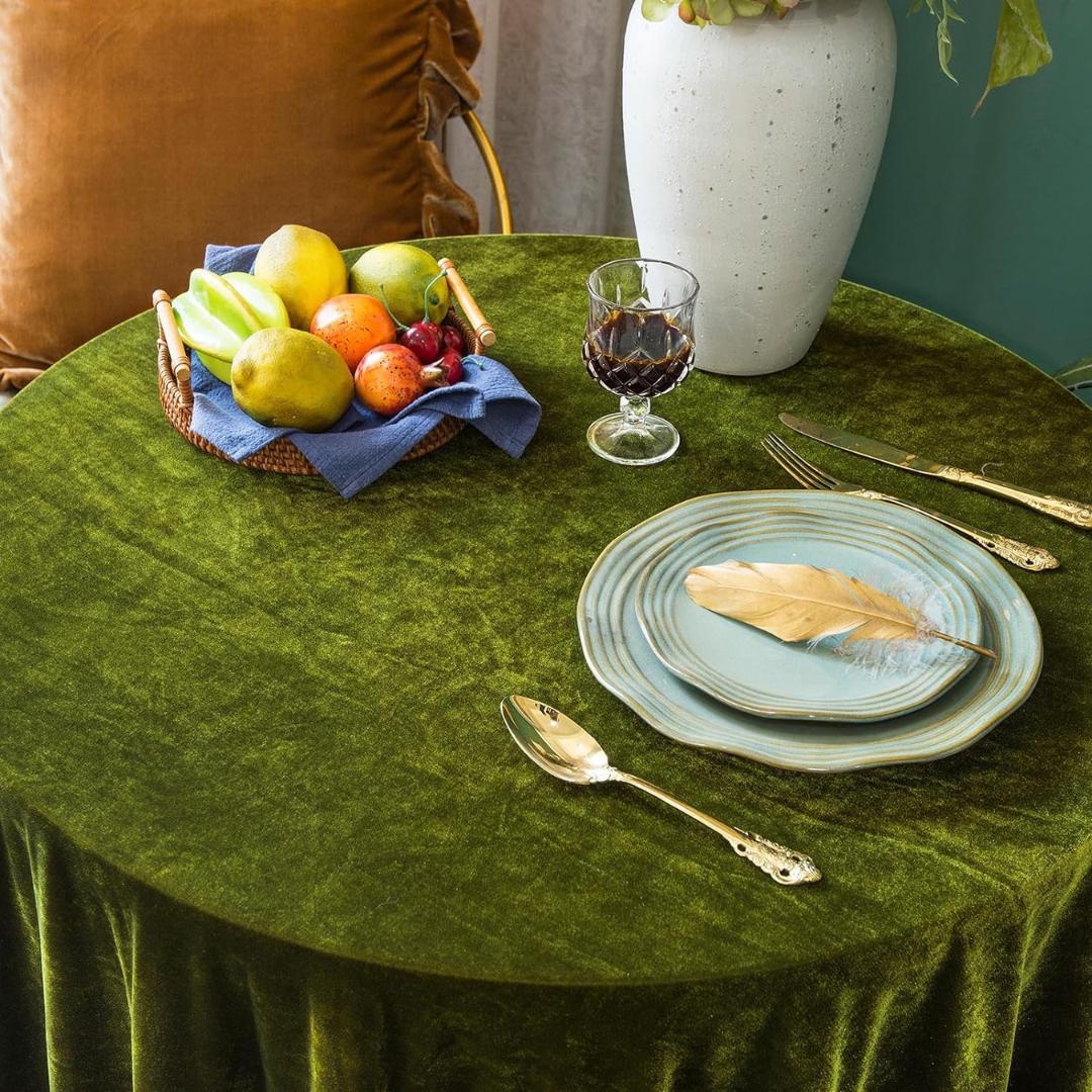Round Luxurious Stretch Velvet Tablecloth - OLIVE - Washable Table Cover for Party Wedding Baby Shower Dinning Decoration. Choose size Below