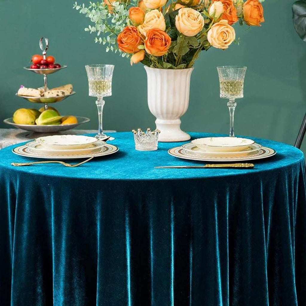 Round Luxurious Stretch Velvet Tablecloth - TEAL - Washable Table Cover for Party Wedding Baby Shower Dinning Decoration. Choose size Below