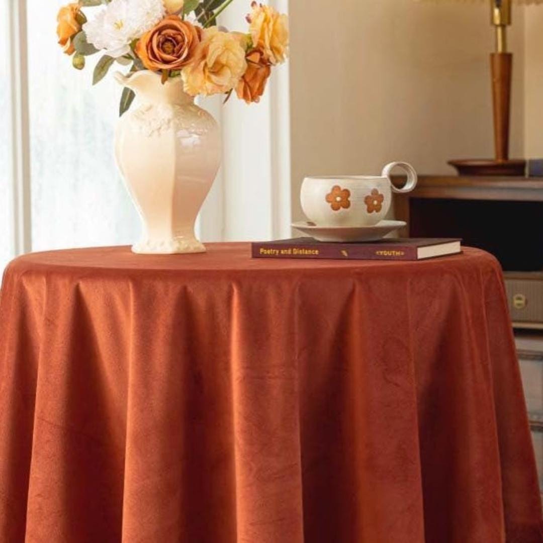 Round Luxurious Stretch Velvet Tablecloth - RUST - Washable Table Cover for Party Wedding Baby Shower Dinning Decoration. Choose size Below