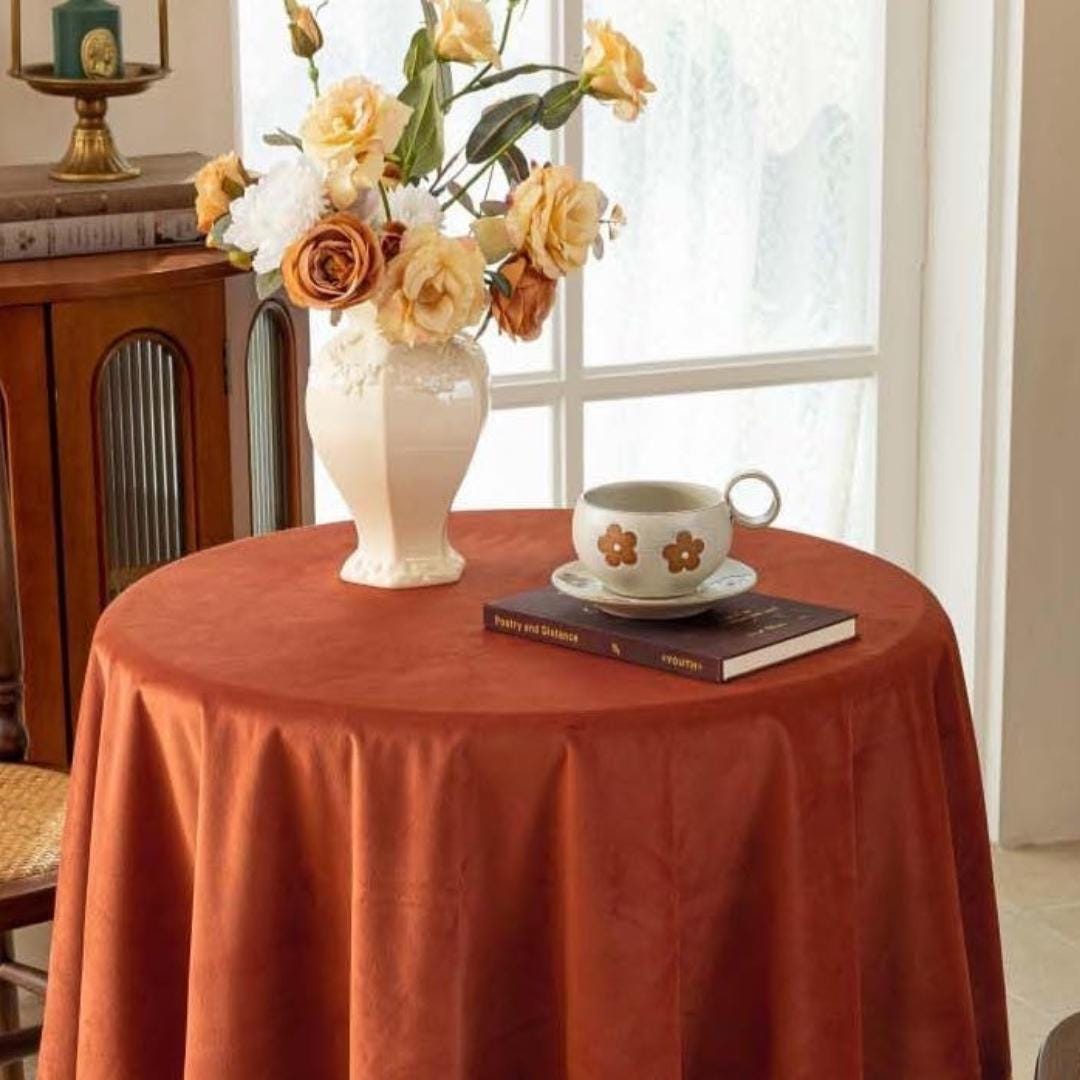 Round Luxurious Stretch Velvet Tablecloth - RUST - Washable Table Cover for Party Wedding Baby Shower Dinning Decoration. Choose size Below