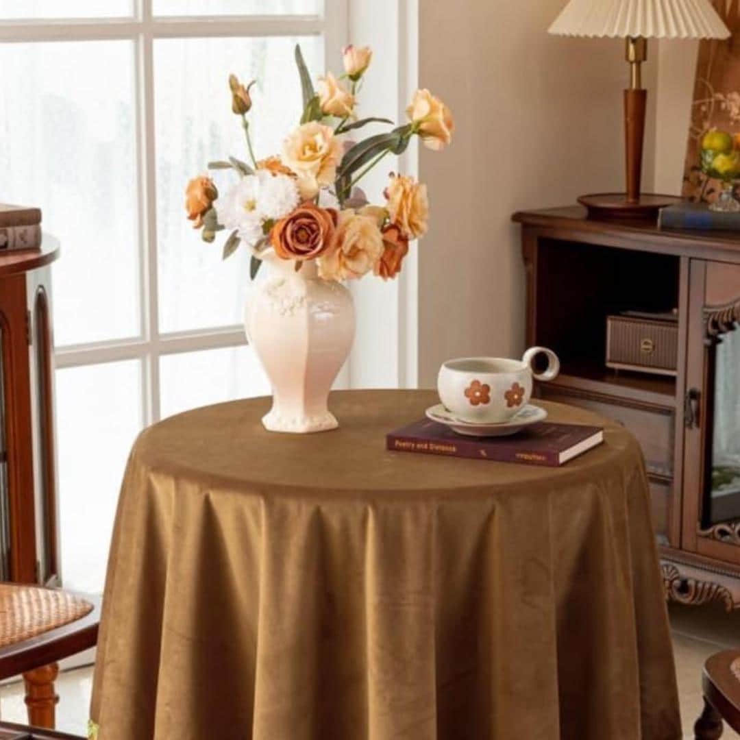 Round Luxurious Stretch Velvet Tablecloth - CAMEL - Washable Table Cover for Party Wedding Baby Shower Dinning Decoration. Choose size Below