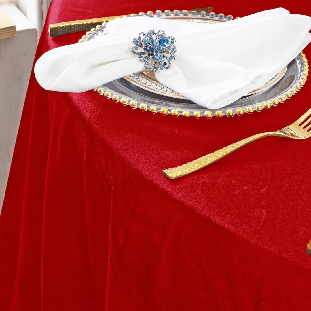 Round Luxurious Royal Velvet Tablecloth - RED - Washable Table Cover for Party Wedding Baby Shower Dinning Decoration. Choose size Below