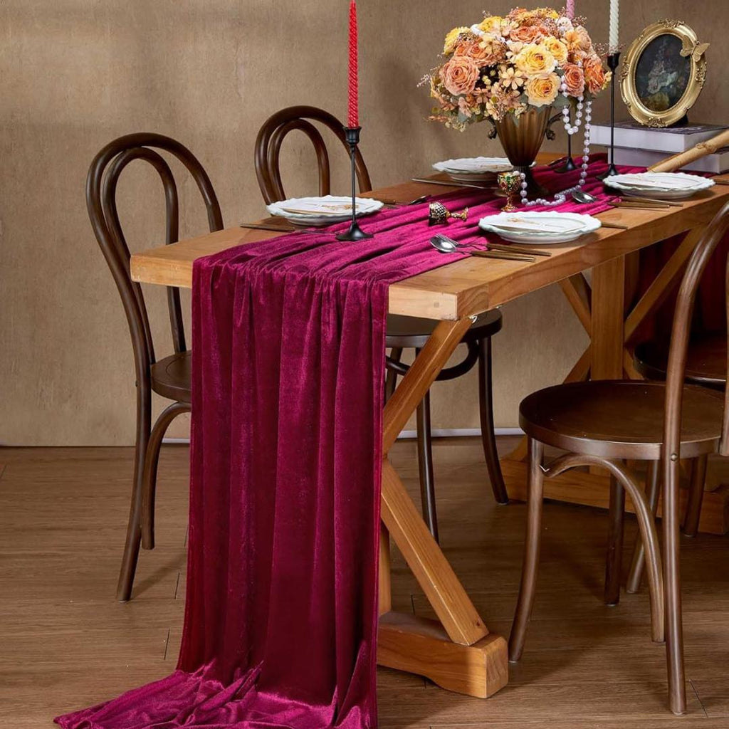 29" x 120" BURGUNDY - Luxurious Royal Velvet Table Runner, 10ft Wedding Reception Decorations Soft Velvet Fabric & Wedding Runners
