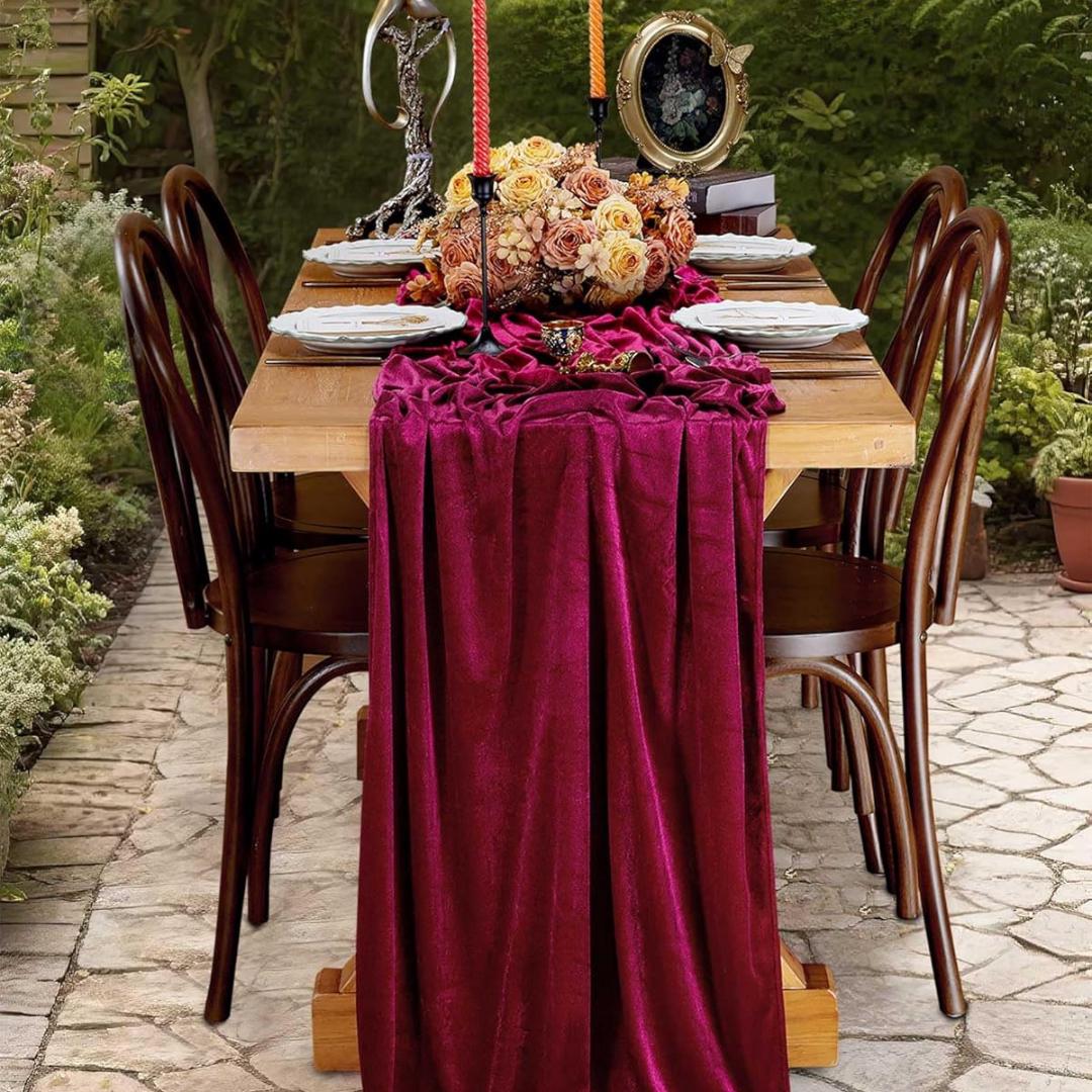 29" x 120" BURGUNDY - Luxurious Royal Velvet Table Runner, 10ft Wedding Reception Decorations Soft Velvet Fabric & Wedding Runners