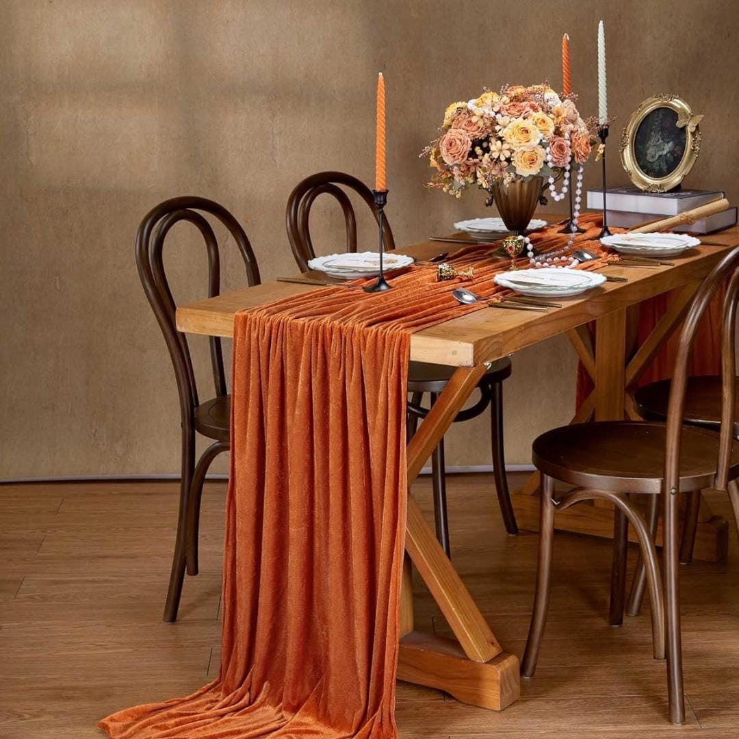 29" x 120" ORANGE - Luxurious Royal Velvet Table Runner, 10ft Wedding Reception Decorations Soft Velvet Fabric & Wedding Runners