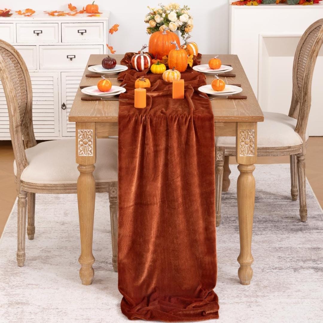 29" x 120" RUST - Luxurious Royal Velvet Table Runner, 10ft Wedding Reception Decorations Soft Velvet Fabric & Wedding Runners