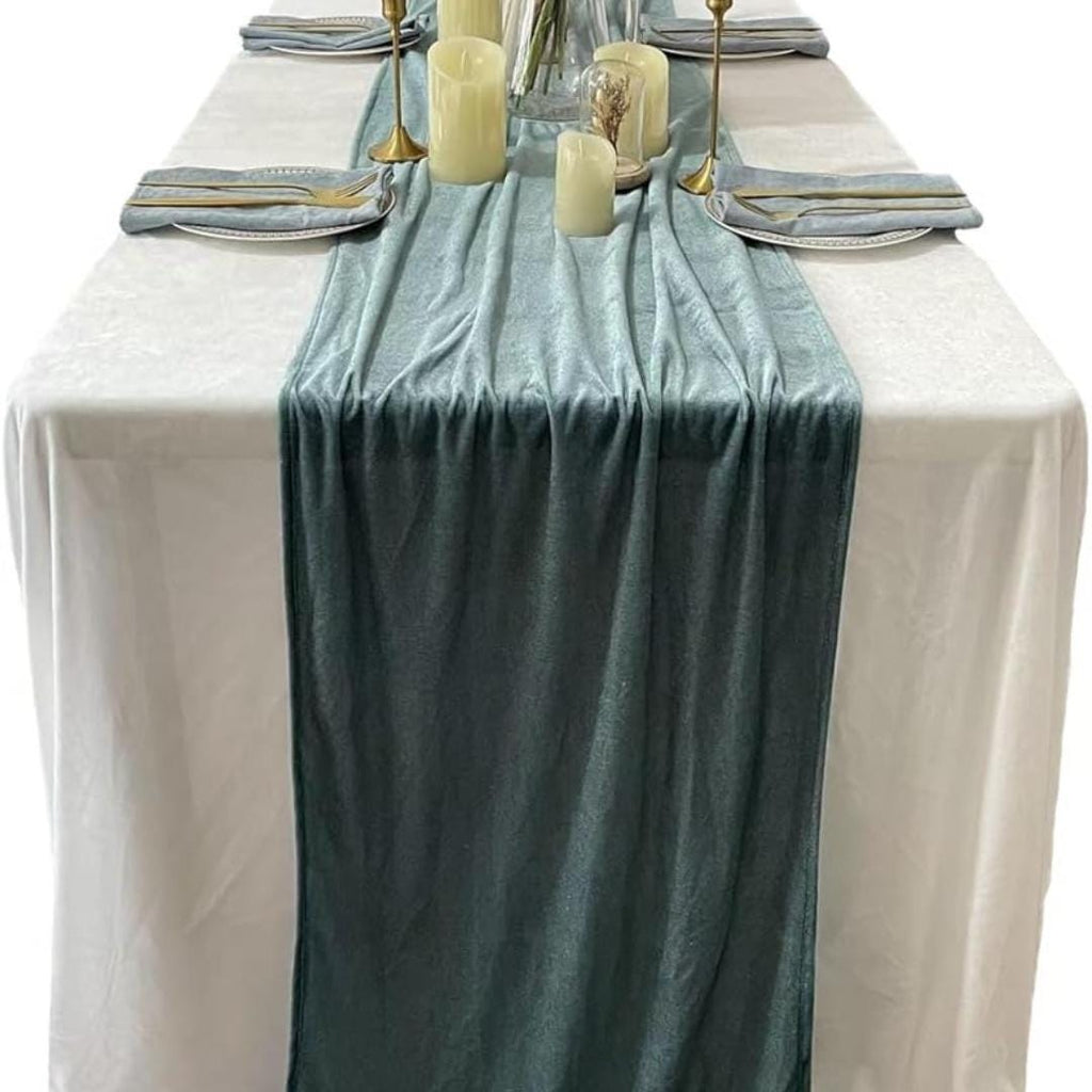 29" x 120" DUSTYBLUE - Luxurious Royal Velvet Table Runner, 10ft Wedding Reception Decorations Soft Velvet Fabric & Wedding Runners